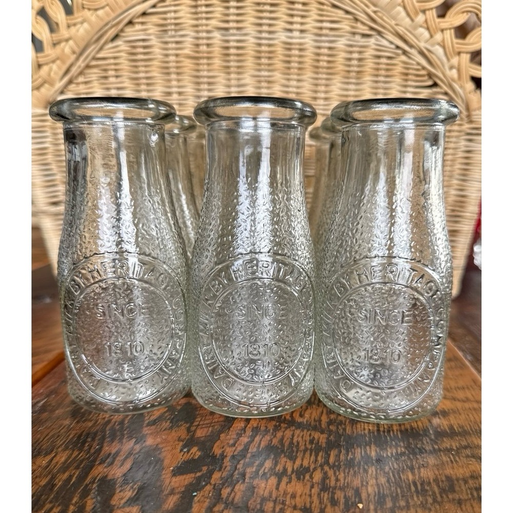 Vintage Dairy Milk By Heritage Company Half Pint Bottle Pebbled Glass - Set of 9